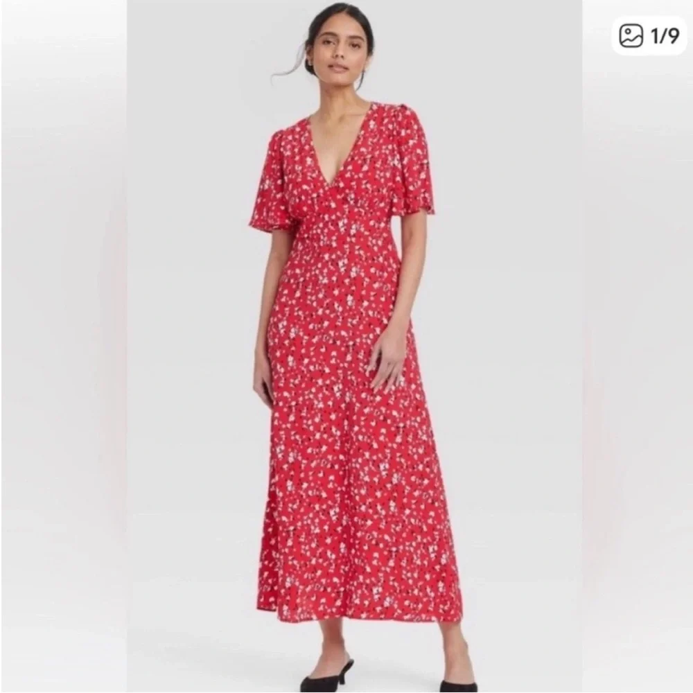 A New Day Flutter Sleeve V Neck Floral Blossom Red Maxi Dress Var Sizes | NWT - Picture 1 of 7